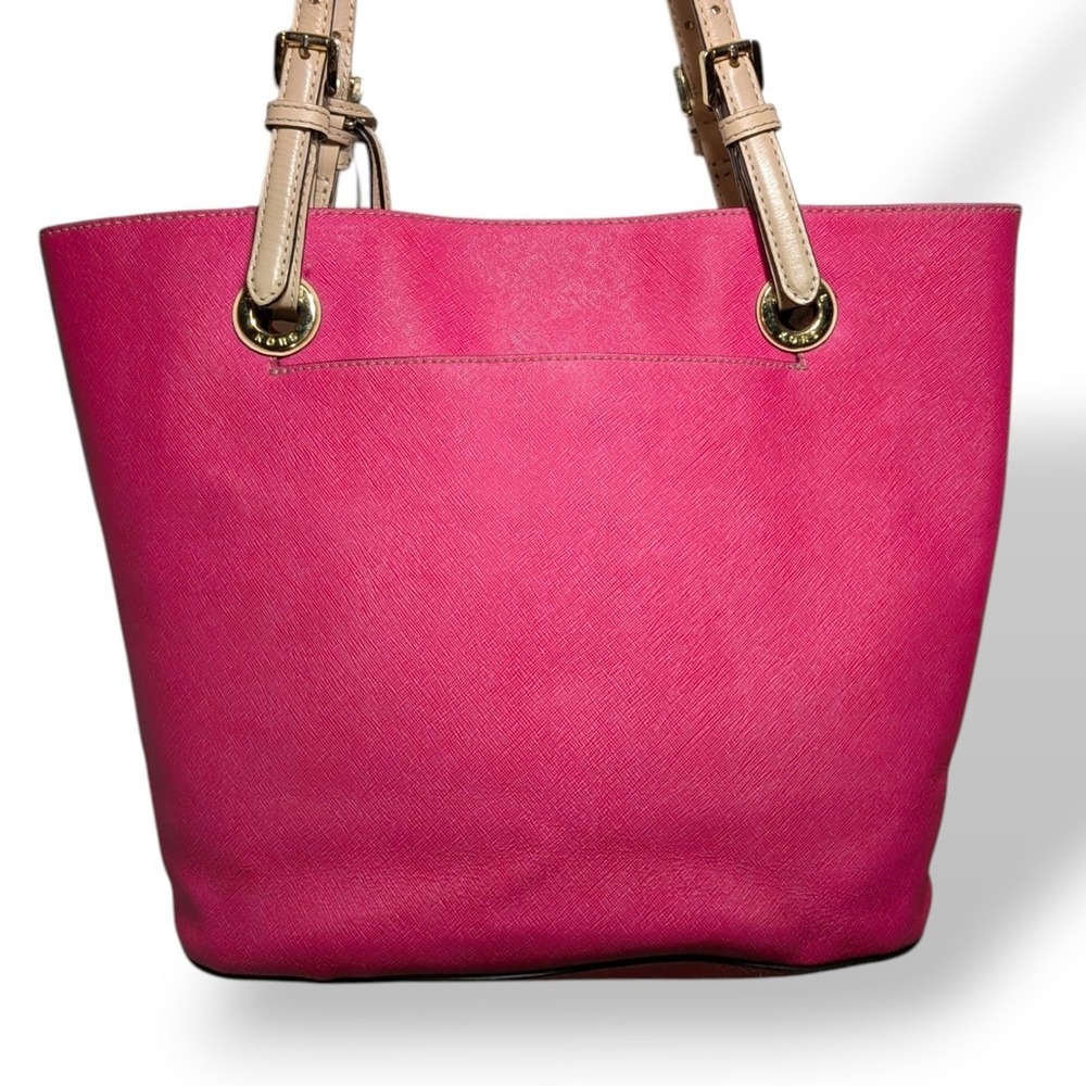 Michael Kors Tote Bag Hot Pink Tan Coated Canvas Leather Handles Jet Set Purse - Picture 2 of 16